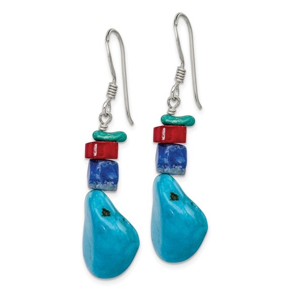 925 Sterling Silver Red Coral, Howlite, Lapis, Turquoise Dangle Drop Earrings - Picture 2 of 4